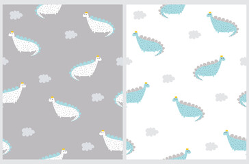Naklejka premium Cute Simple Dino Seamless Vector Pattern. Print with Funny Dinos and Fluffy Clouds Isolated on a White and Gray Backgrounds. Lovely Nursery Art for Baby Boy. Print with White and Blue Dinosaur Prince