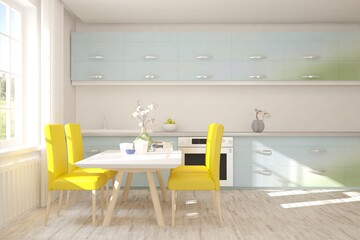 Colorful minimalist kithen. Scandinavian interior design. 3D illustration
