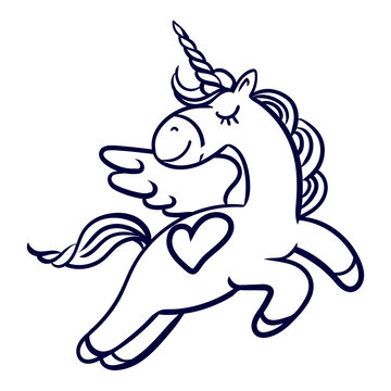Hand-drawn magical flying unicorn with a heart.