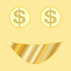 A simple cartoon face with dollar sign eyes and a golden gradient smile mouth.