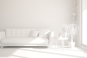 Minimalist room with sofa in white color. Scandinavian interior design. 3D illustration
