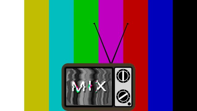Retro trendy Old television set with the word MIX on tv static interferences, Tv bars background, glitch style. For music dj set, electronic show, blind test, live, compilation, mixtape. Looping.