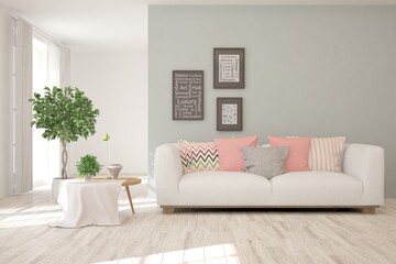 Idea of white minimalist room with sofa. Scandinavian interior design. 3D illustration