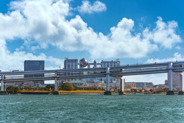 Seascape of the double-layered expressway of the suspension Rainbow Bridge with the shopping malls...