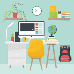 Learning, education concept. Home workplace with desk, book, globe, room interior. Online learning, back to school, graduation banner. Flat vector illustration