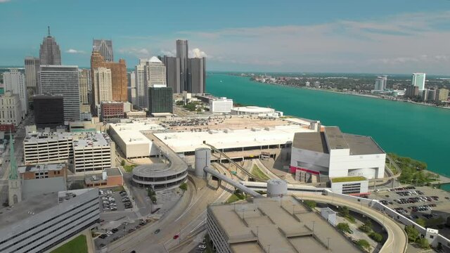 Detroit River Aerial With Downtown Flying Toward River
