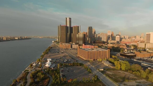 Great Sunrise Aerial Downtown Detroit Wide