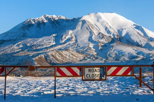 Road closed to Mount Saint Helens National monument, an active stratovolcano in Washington state, USA