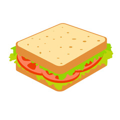 Sandwich with tomato and salad. Fast food sign on white background. Vector illustration in flat style.