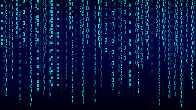 Green matrix background. Stream of binary code. Falling numbers on dark backdrop. Digital computer code. Coding and hacking. Vector illustration.