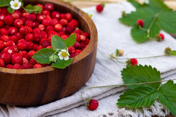 A wooden bowl of red ripe wild strawberries and flowers on old wooden surface. Copy space.