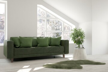 White stylish minimalist room with sofa and winter landscape in window. Scandinavian interior design. 3D illustration