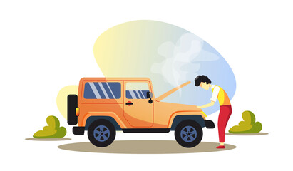 Men repairing a car, Broken car, Emergency stop, Car repair, Jeep concept. Isolated vector illustration. 