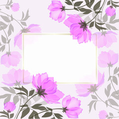 Vector background with blooming pink peony and gold geometric border.Floral Botanical watercolor illustration isolated on a white background.