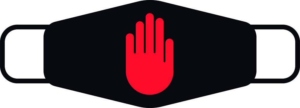 Vector barbijo negro con mano roja en fondo blanco