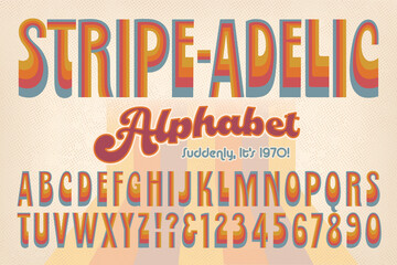 Stripe-adelic is an early 1970s-style retro alphabet; This Font is Rendered in Muted 70s Hues and Evokes the Vintage Post-Psychedelic Look of the Era