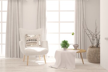 White cozy minimalist room with armchair. Scandinavian interior design. 3D illustration