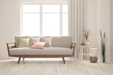 White stylish minimalist room with sofa. Scandinavian interior design. 3D illustration