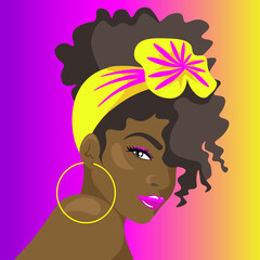Beautiful black girl with a bright bandage and curly hair on a colored gradient background.
