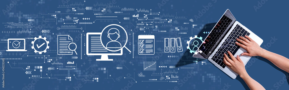 Aufkleber document management system concept with woman using a laptop computer