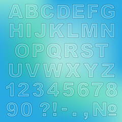 Alphabet, numbers, and punctuation marks. Colorful bold transparent letters with paper cut and shadow effect. Aquamarine background.