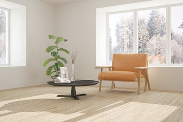 White room with armchair and winter landscape in window. Scandinavian interior design. 3D illustration