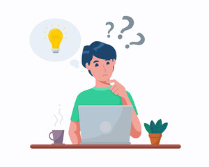 Vector illustration in flat style, Problem solving concept. Man thinking with question mark and light bulb icons, creative idea