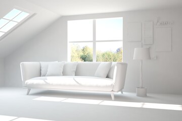 White stylish minimalist room with sofa and autumn landscape in window. Scandinavian interior design. 3D illustration