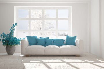 White stylish minimalist room with sofa and winter landscape in window. Scandinavian interior design. 3D illustration