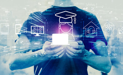 Distance learning theme with young man using his smartphone