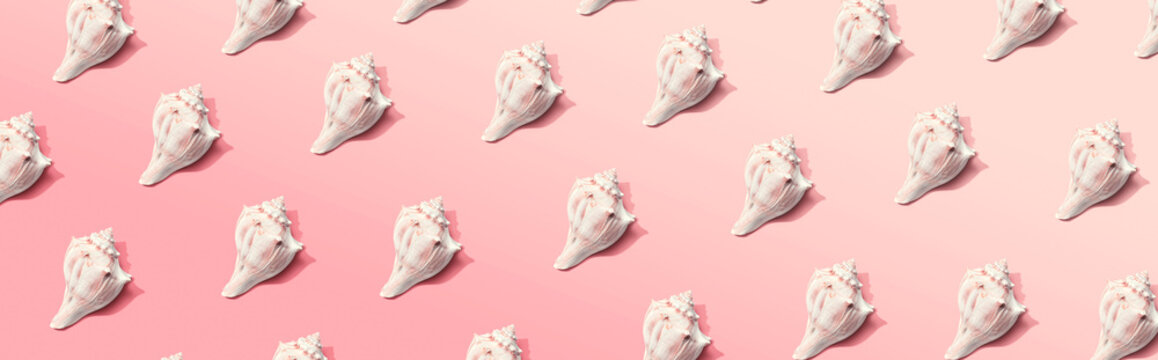 Summer concept with seashells overhead view - flat lay