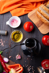 cooking classic spanish raw eating cold soup Gazpacho. top focus.  food recipe. healthy concept.