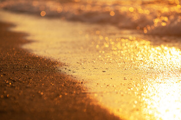 Golden sea coast in the sunset with adorable bokeh. Sand is bright and shiny. Perfect for background.