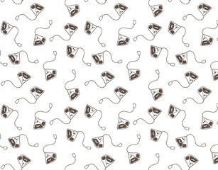 Hand drawn simple style seamless pattern of tea bags. Funny smiling breakfast cartoon characters background.