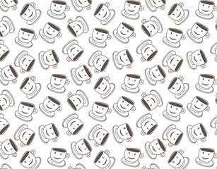 Hand drawn simple style seamless pattern of hot beverages, tea or coffee cups. Funny cartoon background.