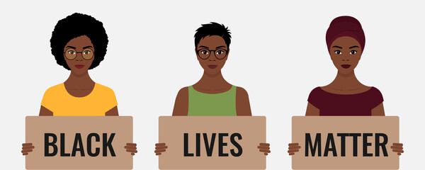 Three black African-American women hold cardboard signs that read "black leaves matter". The concept of stop racism. Protests in the United States. Vector stock flat illustration isolated on white