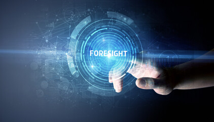 Hand touching FORESIGHT button, modern business technology concept