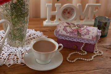 summer morning with the scent of roses and tea with milk