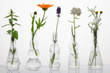 Oregano, calendula, lavender, yarrow and santolina in glass bottles