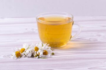 herbal fresh hot tea in a glass cup and camomile flowers