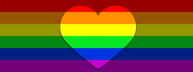 Rainbow flag with a big heart for poster. LGBTQ love symbol background. Concept design