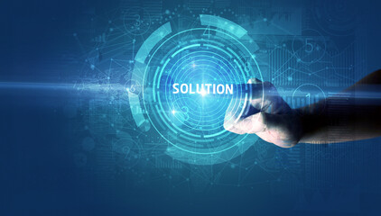 Hand touching SOLUTION button, modern business technology concept