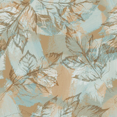 Seamless Pattern of Sketched Leaves. Hand Drawn Illustration on Acrylic Abstract Background.