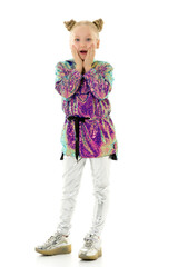 The little girl opened her mouth in surprise.Isolated over white