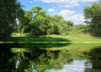 Fototapeta na wymiar Paintings summer landscape, lake in the forest. Fine art.