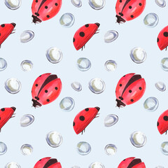 Watercolor seamless pattern with ladybugs. Against the background of daisies, leaves and dew.