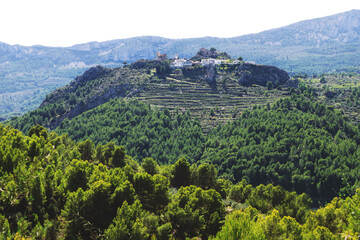 Fototapeta na wymiar Castle ruins in the mountains surrounded by green forest, Guadalest, Costa Blanca, Spain