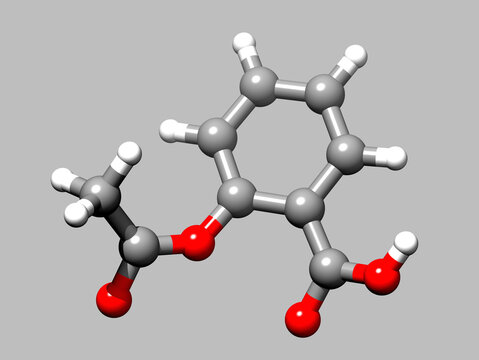 Structure of acetylsalicylic acid or aspirin, a 3D ball-and-stick model, grey background