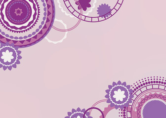 Abstract purple and pink background design in creative modern art circles and retro color pattern, flowers stars rings and circle shapes layered on border in violet and lavender colors, fun different 