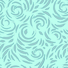 Vector seamless texture of spirals and blots with torn edges in gray and blue. Pattern for fabrics or wrapping paper from arches and stripes on a bright blue background